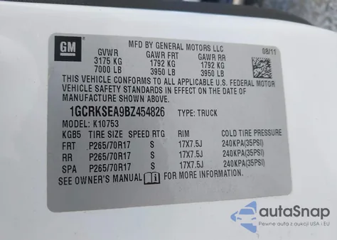 2011 Chevrolet Silverado 1500 Lt из США, поврежденный, VIN 1GCRKSEA9BZ454826